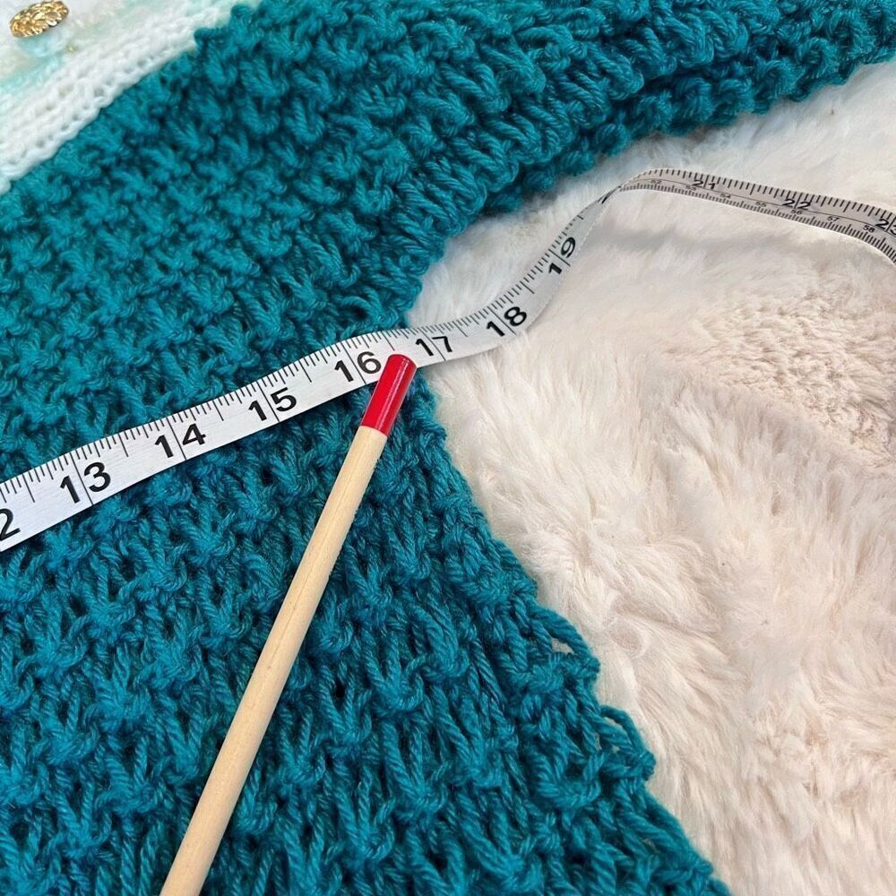 Handmade Stretch Chunky Knit Dropped Sleeve Top Teal White Size Small - Picture 5 of 11
